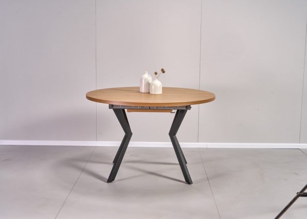 שולחן אוכל עגול נפתח דמוי עץ טבעי דגם אלמוס - 8 סועדים