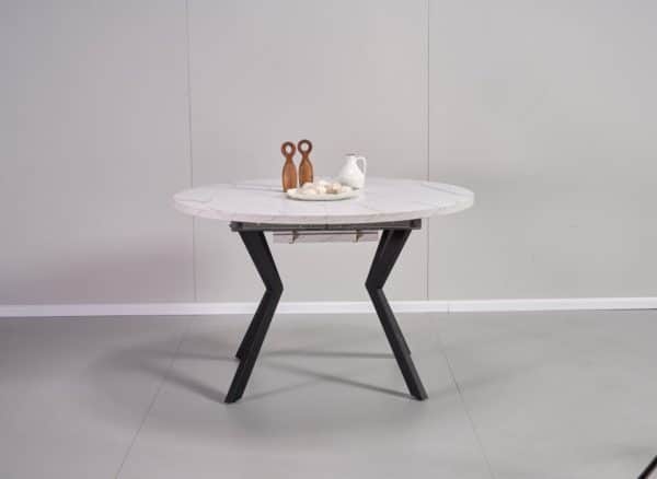 שולחן אוכל עגול נפתח דמוי שיש לבן דגם אלמוס - 8 סועדים