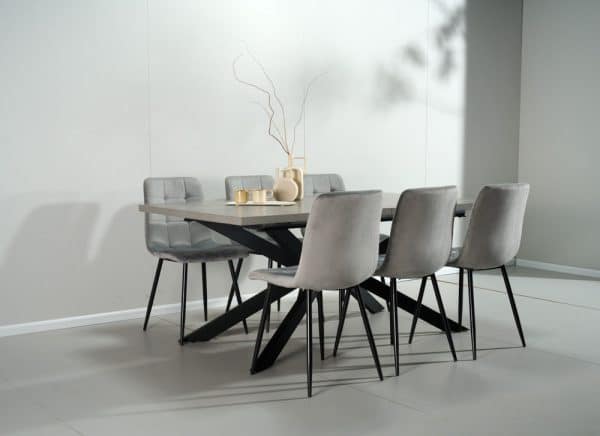 פינת אוכל מלבנית דמוי בטון דגם ספיידר + 6 כסאות - 10 סועדים