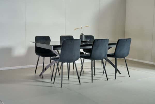 פינת אוכל מלבנית דמוי שיש שחור מבריק דגם קונקורד + 6 כסאות - 14 סועדים