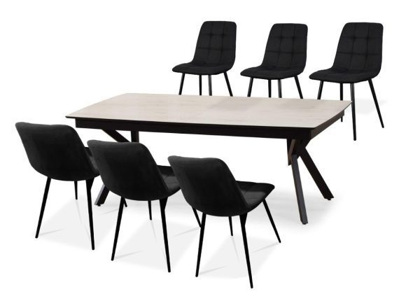 פינת אוכל מלבנית דמוי שיש לבן מבריק דגם אייקון + 6 כסאות - 14 סועדים