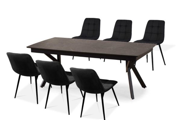 פינת אוכל מלבנית דמוי שיש שחור דגם אייקון + 6 כסאות - 14 סועדים