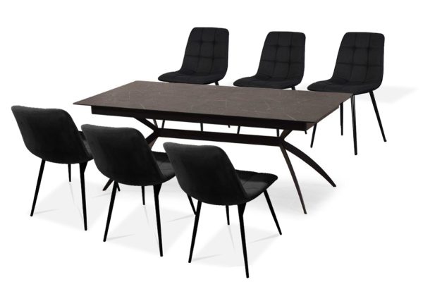 פינת אוכל מלבנית דמוי שיש שחור דגם קונקורד + 6 כסאות דגם סנדרין - 14 סועדים