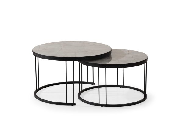 סט שולחנות לסלון דמוי שיש אפור מוזהב מבריק דגם קאפלו