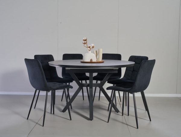 פינת אוכל עגולה נפתחת דמוי שיש אפור דגם לונגו + 6 כסאות - 10 סועדים