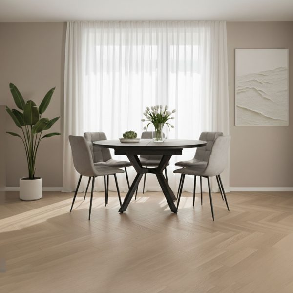 פינת אוכל עגולה נפתחת דמוי בטון דגם לונגו + 6 כסאות - 10 סועדים