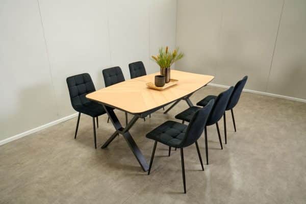 פינת אוכל אליפסה דמוי עץ טבעי דגם סולאן + 6 כסאות דגם סנדרין - 12 סועדים