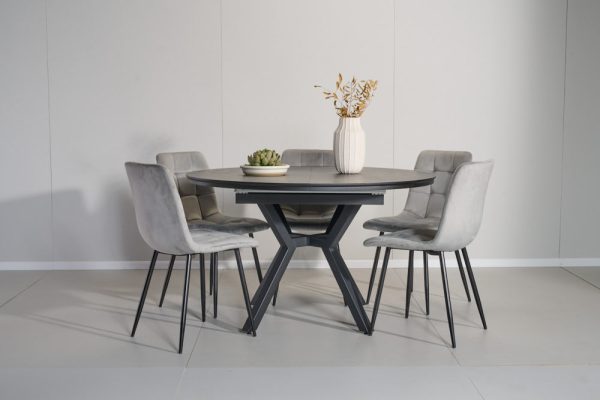 פינת אוכל עגולה נפתחת דמוי שיש שחור דגם לונגו + 6 כסאות - 10 סועדים