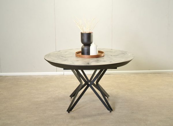 שולחן אוכל עגול נפתח דמוי שיש לבן מעונן דגם רפאלו - 10 סועדים