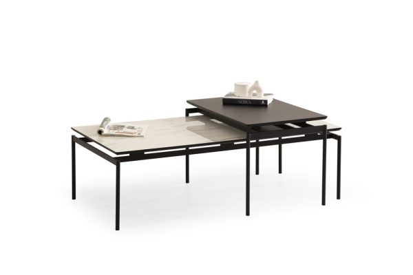 סט שולחנות סלון מעוצב דמוי שיש לבן מבריק דגם מונקו