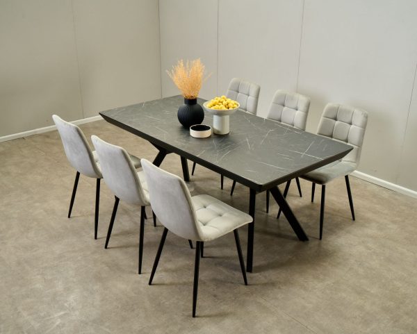 פינת אוכל מלבנית דמוי שיש שחור דגם אקורו + 6 כסאות - 12 סועדים