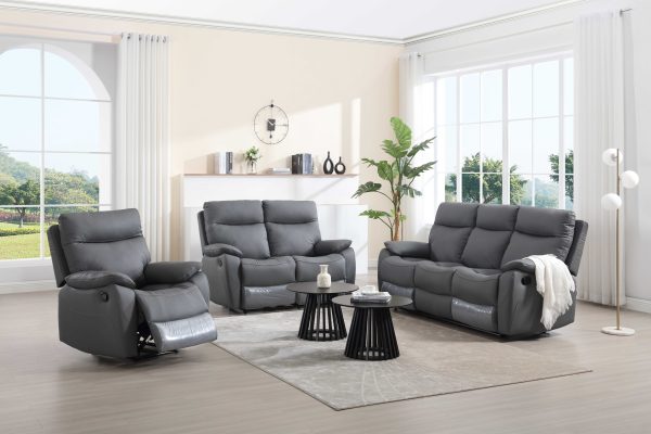 מערכת ישיבה עם ריקליינרים 3+2+1 דגם פיטארו בדמוי עור אפור כהה