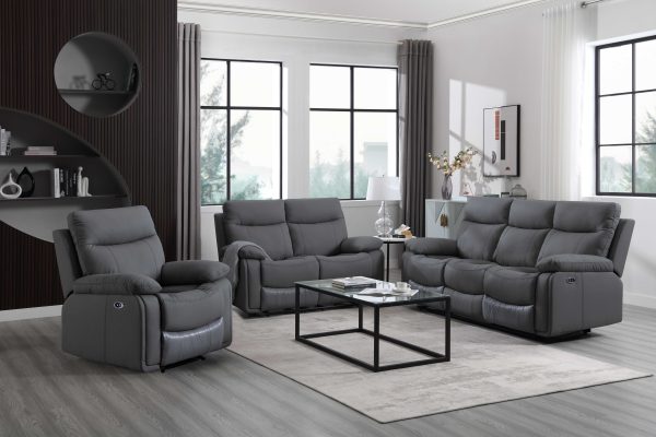 מערכת ישיבה 3+2+1 עם ריקליינרים חשמליים דגם איקארו דמוי עור אפור כהה