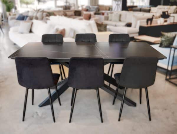 פינת אוכל מלבנית מקרמיקה דמוי שיש שחור דגם מאסטרו + 6 כסאות - 12 סועדים