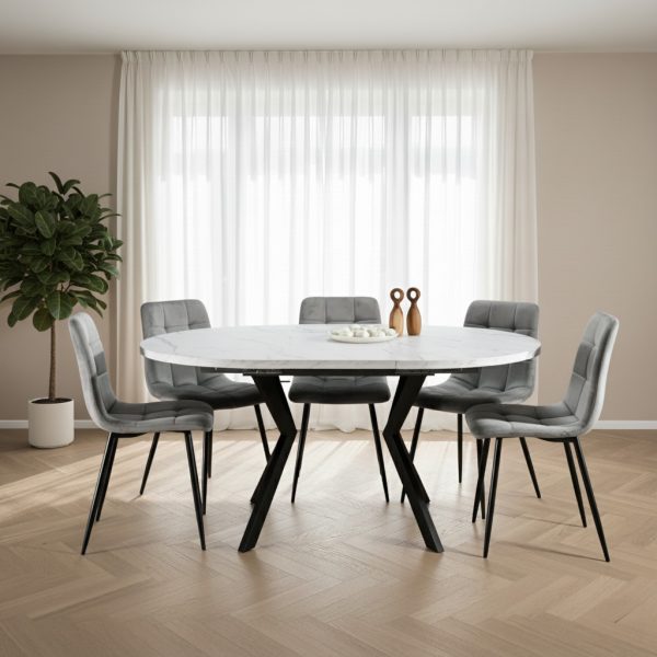 פינת אוכל עגולה נפתחת דמוי שיש לבן דגם אלמוס + 6 כסאות - 8 סועדים