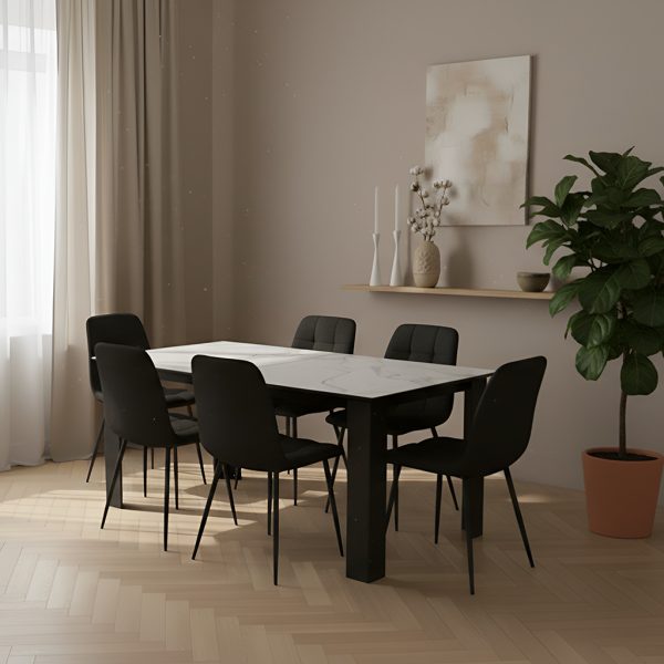 פינת אוכל קרמיקה דמוי שיש לבן דגם טאירון + 6 כסאות דגם סנדרין - 12 סועדים