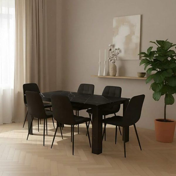 פינת אוכל קרמיקה דמוי שיש שחור דגם טאירון + 6 כסאות דגם סנדרין - 12 סועדים